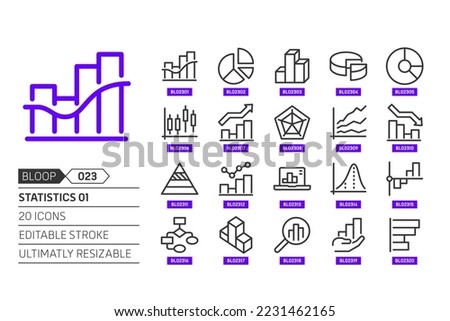 Statistics related, pixel perfect, editable stroke, up scalable, line, vector bloop icon set. 
