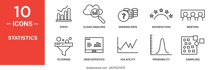 el conjunto de íconos de Vector relacionados con estadísticas incluye tats, análisis de la nube, datos faltantes, satisfacción, reunión, filtrado, estadísticas de Web, volatilidad, probabilidad y más íconos