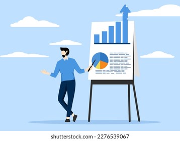 statistics reporting or improvement concept, businessman presenting graphs with elevation, Presenting company growth, increasing profit or increasing income, successful investment or increasing sales.