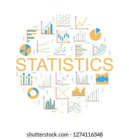 Statistics round color icon. Set of linear web elements. Simple Graphic, Pie Chart, Column Chart. Thin line circle. Vector illustration