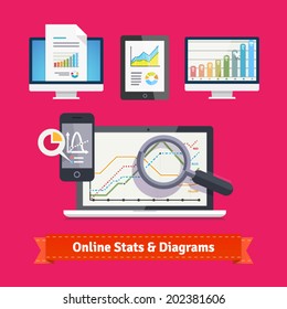 Statistics schemes and diagrams on a mobile devices. E-commerce and online metrics tracking. Flat icon set. EPS 10 vector.