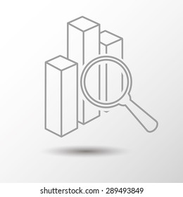 Statistics Search concept illustration, outlines magnifier with Bar graph, vector icon.