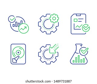 Statistics, Seo gear and Hdd line icons set. Report checklist, Cogwheel and Chemistry lab signs. Report charts, Cogwheel, Memory disk. Sales growth file. Science set. Vector