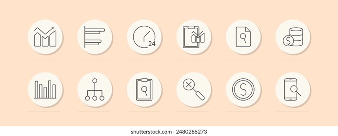 Statistics set icon. Bar graph, horizontal bar, clock, clipboard, document, money, chart, structure, research, magnifying glass, finance. Data analysis, business concept. Vector line icon