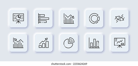 Statistics set icon. Infographic, chart, graph, pie, bar, arrows, visual aid, presentation, growth, decline, flipchart, strategy, targeting, diagram. Business concept. Neomorphism. Vector line icon