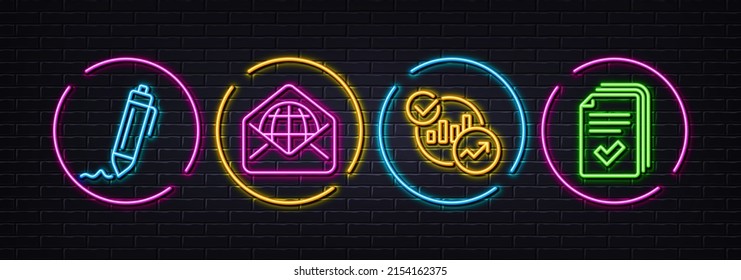 Symbole für Statistiken, Unterschriften und Webmail mit minimalen Zeilen. Neon Laser 3D-Lichter. Handout-Symbole. Für Web, Anwendung, Druck. Reportdiagramme, Schreibstift, Weltkommunikation. Dokumentbeispiel. Vektorgrafik