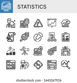 statistics simple icons set. Contains such icons as Chart, Statistics, Analytics, Curve, Analysis, Optimization, Pie chart, Graph, Demographic, can be used for web, mobile and logo