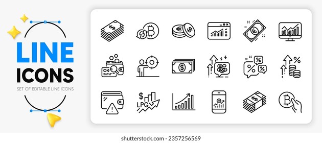 Statistics, Smartphone statistics and Usd currency line icons set for app include Inspect, Discounts chat, Refresh bitcoin outline thin icon. Inflation, Dollar, Graph chart pictogram icon. Vector