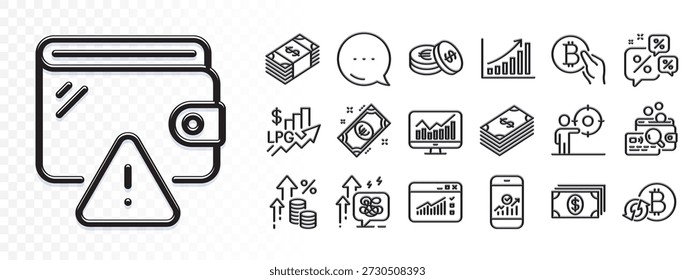 Statistics, Smartphone statistics and Usd currency line icons for web app. Glare of light effect. Message icon. Pack of Inspect, Discounts chat, Refresh bitcoin pictogram icons. Vector