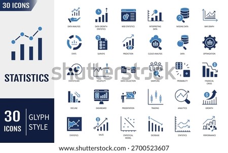 Statistics solid icon set. Containing icons: data, web statistics, survey, prediction, presentation, cloud analysis pie chart, and more. Vector illustration