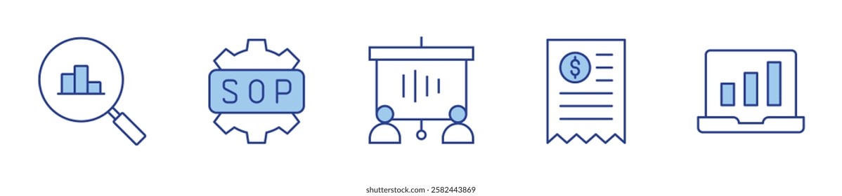 statistics, sop, screen, bill, bar chart. Icon vector illustration. Line Duotone style. Editable stroke.
