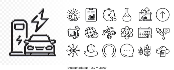 Statistics timer, Calendar graph and Augmented reality line icons for web app. Glare of light effect. Message icon. Pack of Charging station, Scissors, Gluten free pictogram icons. Vector