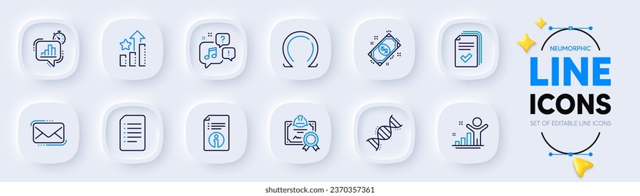 Statistics timer, Chemistry dna and Certificate line icons for web app. Pack of Handout, Document, Technical info pictogram icons. Messenger mail, Ranking stars, Voicemail signs. Payment. Vector