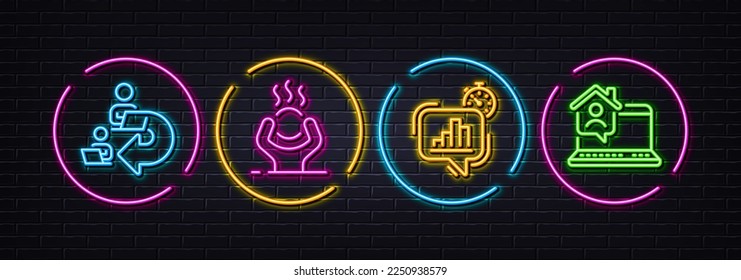 Temporizador de estadísticas, estrés difícil y delegado trabajo mínimo iconos de línea. Luces 3d láser neón. Iconos del hogar de trabajo. Para web, aplicación, impresión. Gráfico de crecimiento, ansiedad mental, trabajo compartido. Vector