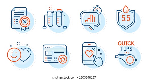 Statistics timer, Favorite and Chemistry beaker signs. Smile, Reject certificate and Heart rating line icons set. Tutorials, Ph neutral symbols. Social media like, Decline file. Vector