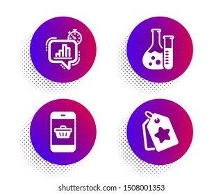 Statistics timer, Smartphone buying and Chemistry lab icons simple set. Halftone dots button. Loyalty tags sign. Growth chart, Website shopping, Laboratory. Bonus reward. Technology set. Vector
