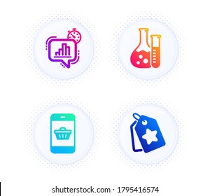 Statistics timer, Smartphone buying and Chemistry lab icons simple set. Button with halftone dots. Loyalty tags sign. Growth chart, Website shopping, Laboratory. Bonus reward. Technology set. Vector