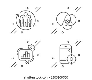 Statistics timer, Teamwork and Euler diagram line icons set. Seo phone sign. Growth chart, Employees change, Relationships chart. Smartphone optimization. Science set. Vector