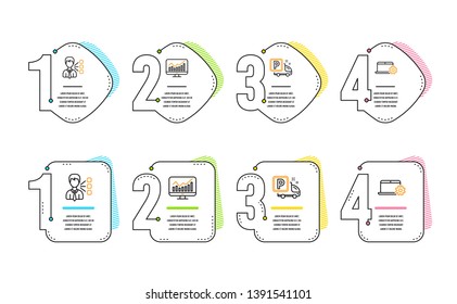 Statistics, Truck parking and Third party icons simple set. Notebook service sign. Financial report, Free park, Team leader. Computer repair. Infographic timeline. Line statistics icon. Vector