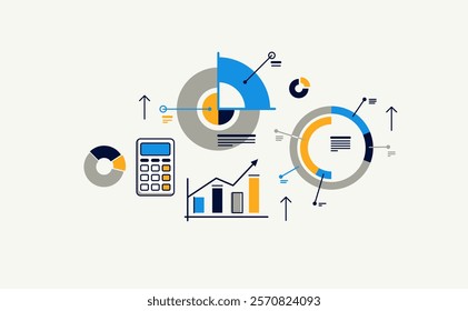 Statistics vector composition, detailed illustrations of stats analytics, diagrams and graphs analysis, infographics.