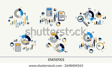 Statistics vector compositions set, detailed illustrations of stats analytics, diagrams and graphs analysis, infographics.
