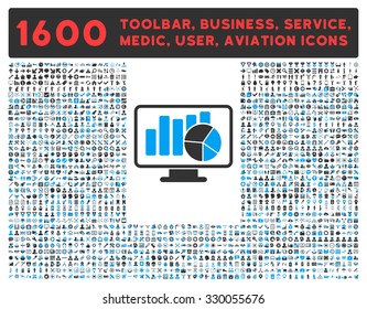 Statistics vector icon and 1600 other business, service tools, medical care, software toolbar, web interface pictograms. Style is bicolor flat symbols, blue and gray colors, rounded angles, white