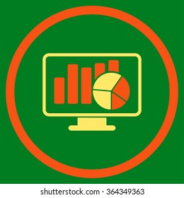 Statistics vector icon. Style is bicolor flat circled symbol, orange and yellow colors, rounded angles, green background.