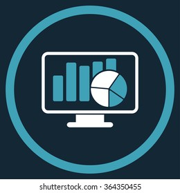 Statistics vector icon. Style is bicolor flat circled symbol, blue and white colors, rounded angles, dark blue background.