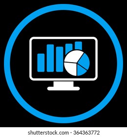 Statistics vector icon. Style is bicolor flat circled symbol, blue and white colors, rounded angles, black background.
