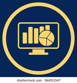Statistics vector icon. Style is flat circled symbol, yellow color, rounded angles, blue background.
