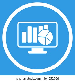 Statistics vector icon. Style is flat circled symbol, white color, rounded angles, blue background.
