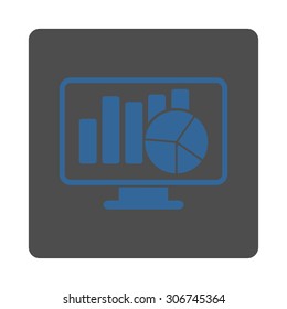 Statistics vector icon. This flat rounded square button uses cobalt and gray colors and isolated on a white background.