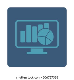 Statistics vector icon. This flat rounded square button uses cyan and blue colors and isolated on a white background.