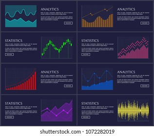 Statistics visual presentation with text set headlines, buttons and charts, stat and analytics collection vector illustration isolated on blue
