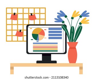 Statistics and web analytics, seo. Statistics on the computer screen. Desktop with computer, flowers in a vase and notes