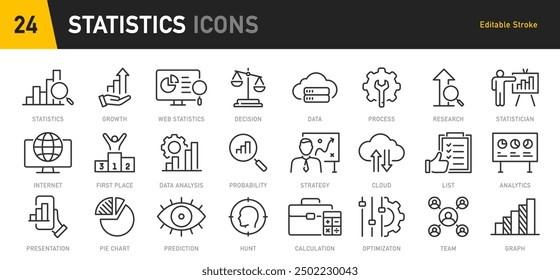 Statistics web icons in line style. Data, optimization, analysis, survey, price, collection. Vector illustration.	