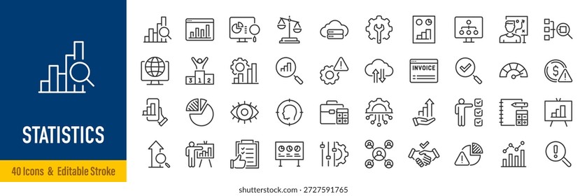 Statistik Websymbole im Linienstil. Daten, Optimierung, Analyse, Umfrage, Preis, Sammlung. Bearbeitbarer Strich. Vektorgrafik.