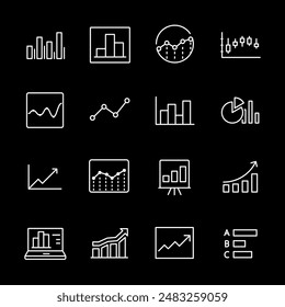 Statistics, white line icons. Charts, graphs, and data analysis symbols. Essential for business and research themes. Symbols on black background. Editable stroke.