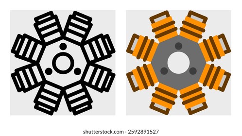 A stator icon with a radial coil design. This technical illustration is great for mechanical guides, electrical system diagrams, and automotive component catalogs.