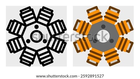 A stator icon with a radial coil design. This technical illustration is great for mechanical guides, electrical system diagrams, and automotive component catalogs.