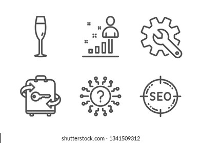 Stats, Champagne glass and Customisation icons simple set. Question mark, Luggage and Seo signs. Business analysis, Winery. Line stats icon. Editable stroke. Vector