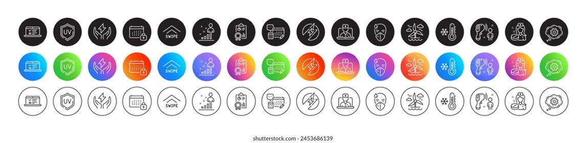 Stats, Electronic thermometer and Low thermometer line icons. Round icon gradient buttons. Pack of Safe energy, Inspect, Electric energy icon. Account, Windmill, Web lectures pictogram. Vector