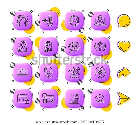 Stats, Electronic thermometer and Low thermometer line icons. App 3d buttons. Social media comment, share, like icons. Pack of Safe energy, Inspect, Electric energy icon. Vector