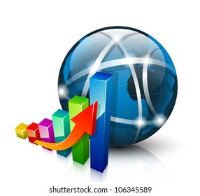 Stats icon. 3D graph growing up and abstract globe