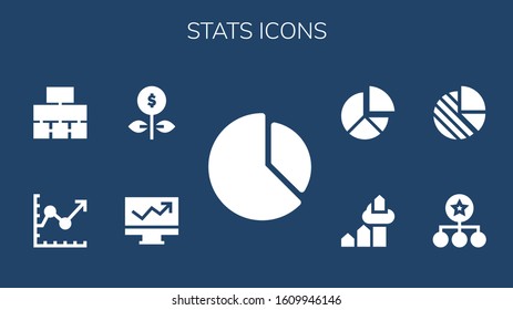 stats icon set. 9 filled stats icons. Included Chart, Line chart, Growth, Flow chart, Diagram, Pie icons