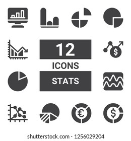 stats icon set. Collection of 12 filled stats icons included Diagram, Pie chart, Graph, Chart