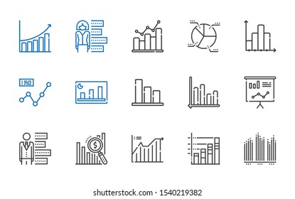 stats icons set. Collection of stats with bar chart, line chart, statistics, pie chart, bar graph. Editable and scalable stats icons.