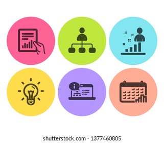 Stats, Idea and Document icons simple set. Management, Online documentation and Calendar graph signs. Business analysis, Light bulb. Science set. Flat stats icon. Circle button. Vector