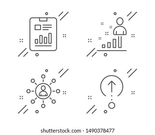 Stats, Networking and Report document line icons set. Swipe up sign. Business analysis, Business communication, Page with charts. Scrolling page. Science set. Line stats outline icon. Vector