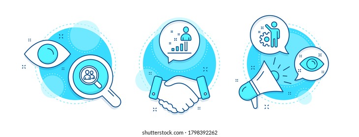 Stats, Search Employees And Employee Line Icons Set. Handshake Deal, Research And Promotion Complex Icons. Health Eye Sign. Business Analysis, Staff Analysis, Cogwheel. Optometry. People Set. Vector